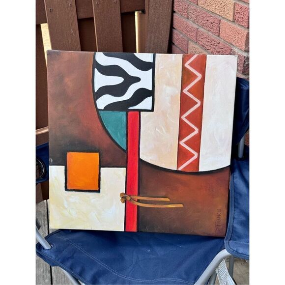Abstract Geometric painting canvas western cow Leather 20 x 20  Donna Francis Wi - Picture 2 of 16